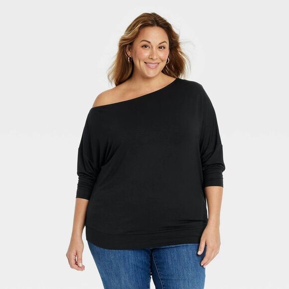 Women's Long Sleeve Asymmetrical Knit Top - Ava & Viv Black XXL - Picture 1 of 4